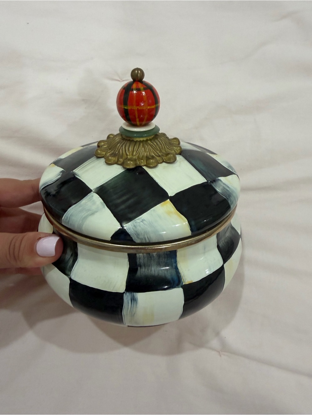 Decorative Black and White Check Ceramic Canister with Red Accent Knob